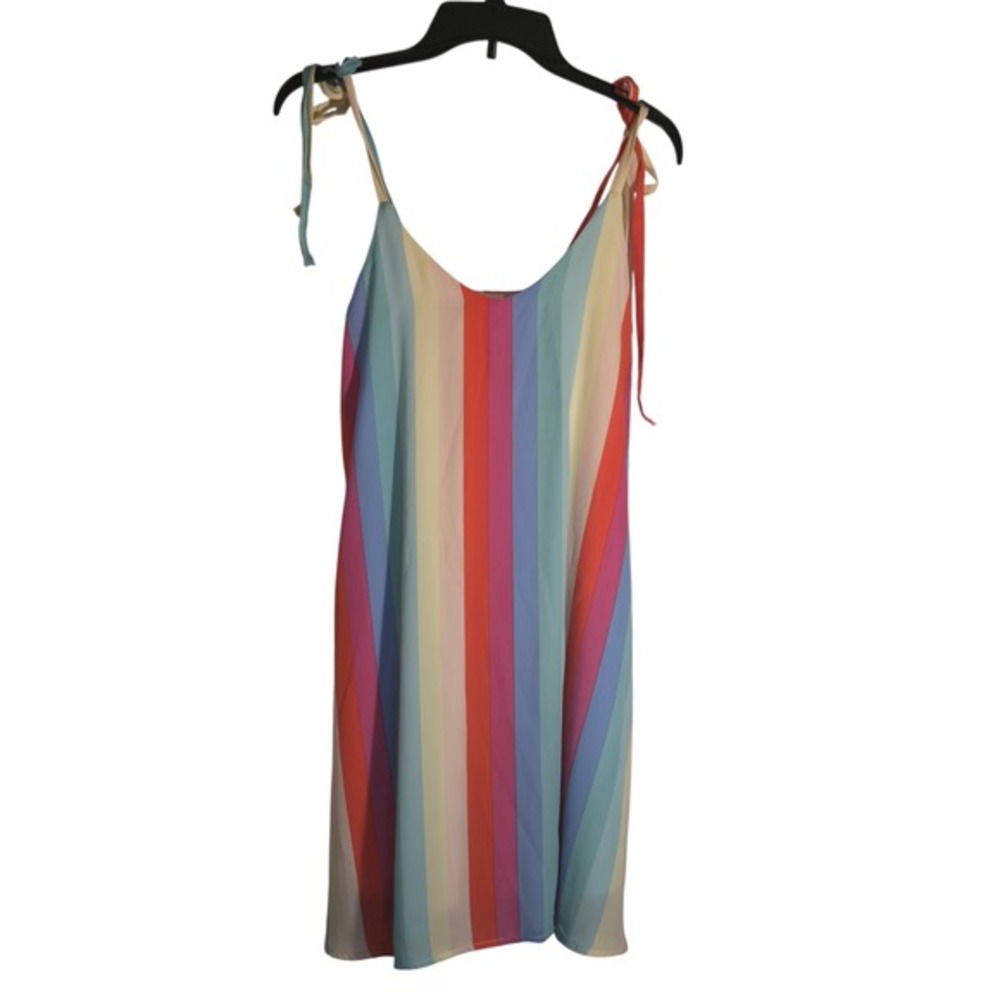 Hopely Womens Rainbow Stripe Tie Shoulder Mini‎ Dress Multicolor Summer Shift S